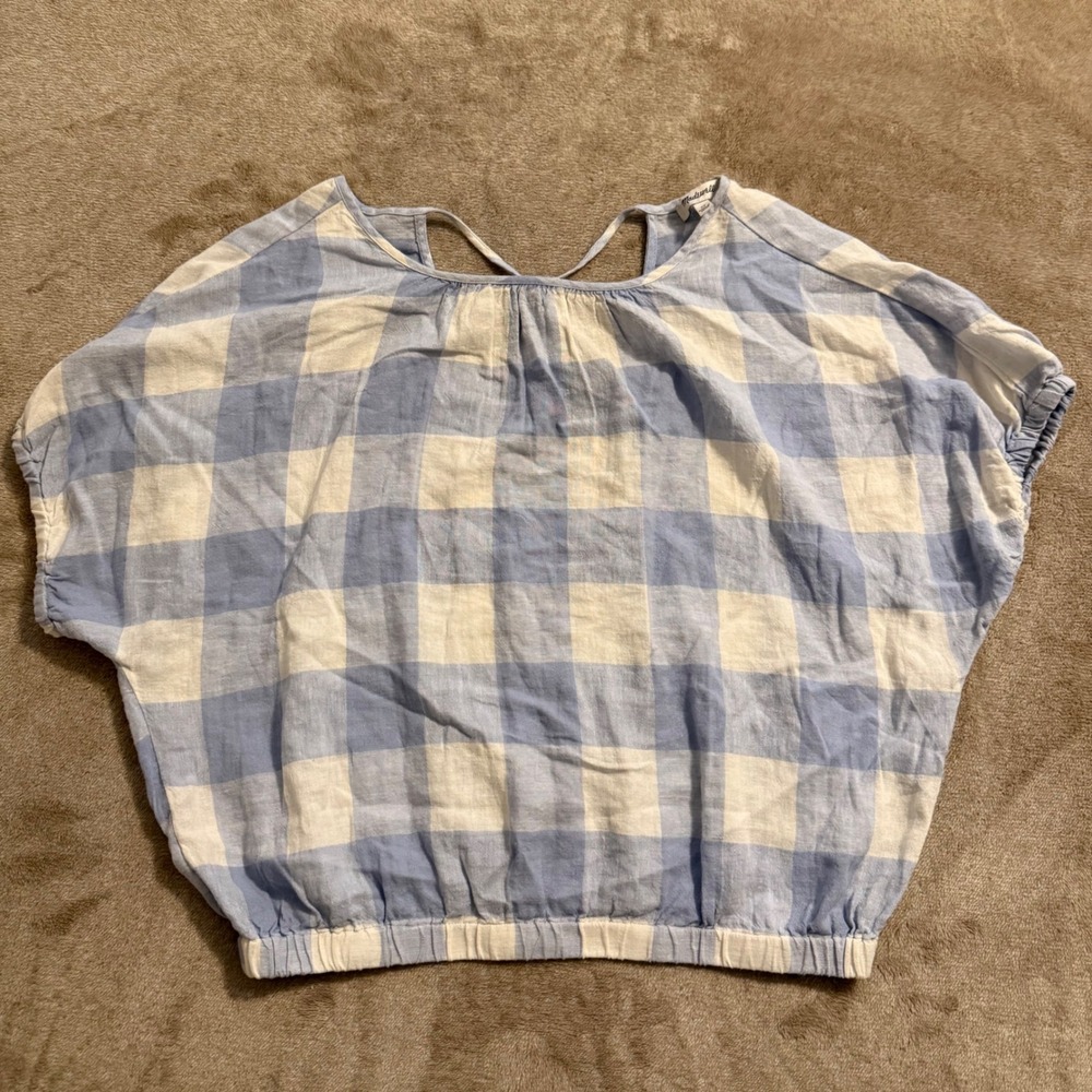 Madewell Blue Gingham Linen Blend Tie Back Wrap Blouse Top XS NF196